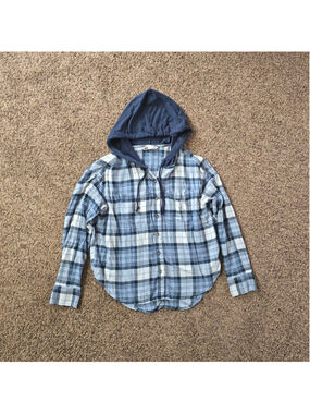 Women's SO Blue White Plaid Flannel Hoodie M